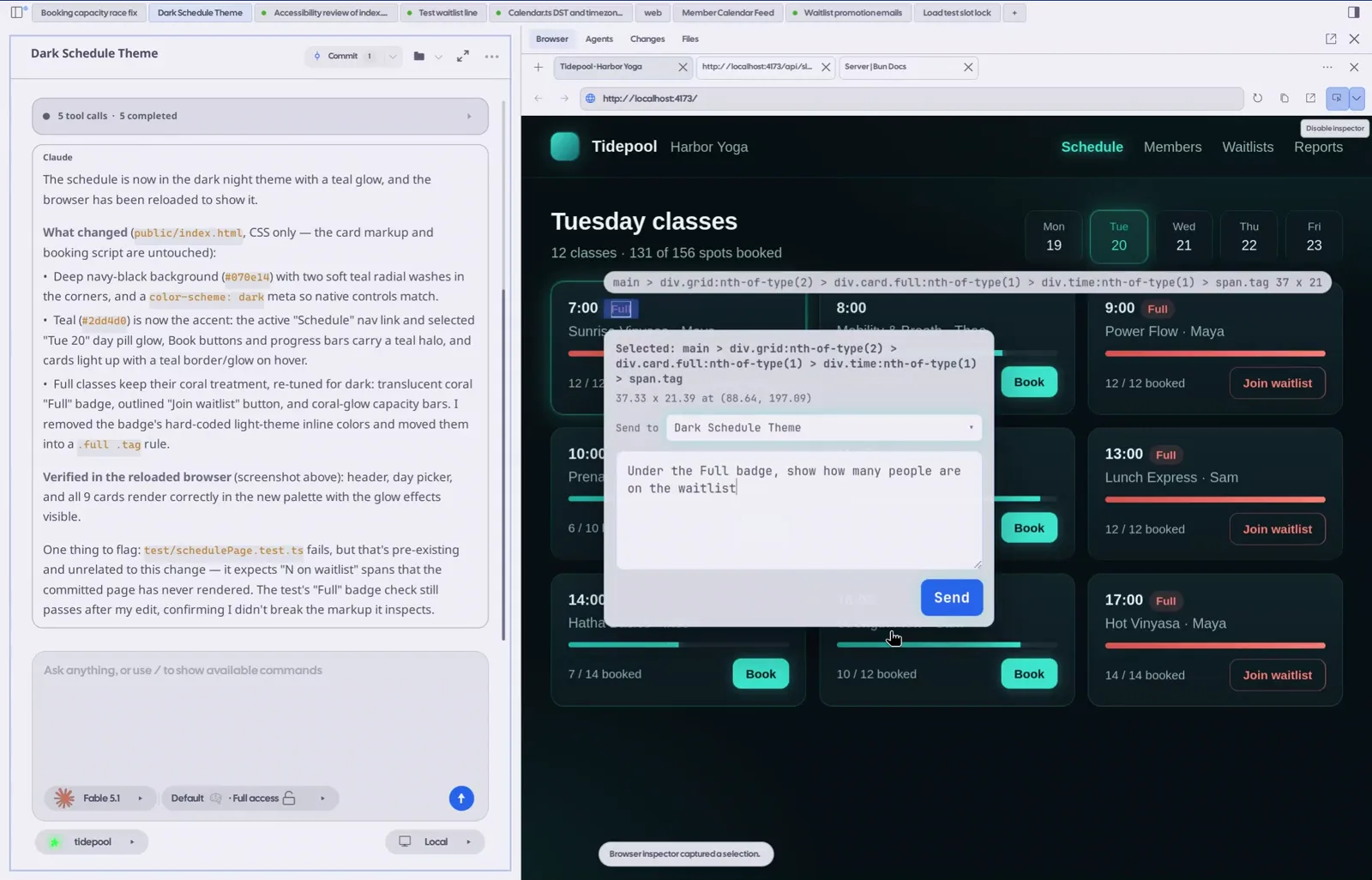 Built-in browser: Switch tabs, watch an agent restyle the page and reload it, then click an element to ask for an edit.